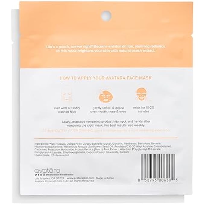 Avatara - JUICY PEACH BRIGHTENING FACIAL MASK, HYDRATING MASK, SHEET MASKS WITH PEACH EXTRACT AND HYALURONIC ACID, FACE MASK SKINCARE MADE WITH NATURAL TENCEL FIBER, PARABEN-FREE, 5 SHEETS - Image 2
